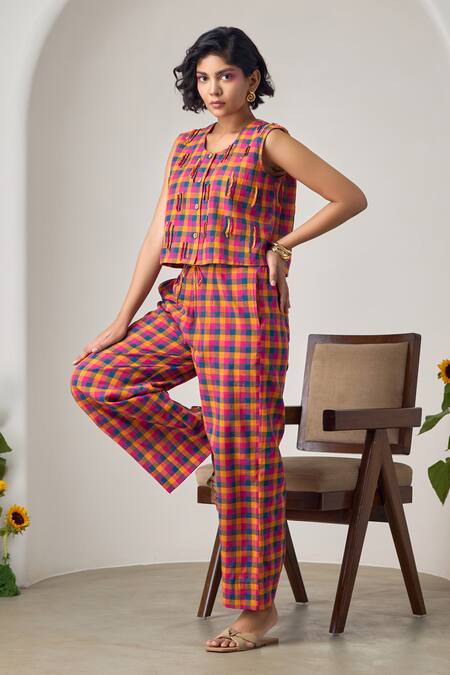 Maisolos_Multi Color Cotton Embroidery Round Neck Multi-colour Pant Set _Online_at_Aza_Fashions