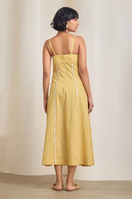 Shop_Maisolos_Yellow Cotton Embroidery Sweetheart Neck Gingham Midi Dress _at_Aza_Fashions