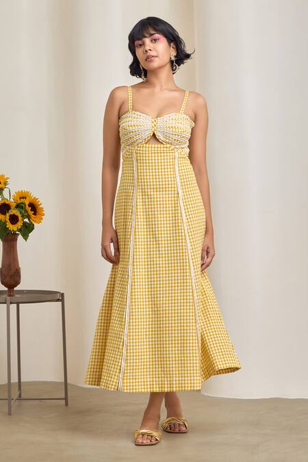 Maisolos_Yellow Cotton Embroidery Sweetheart Neck Gingham Midi Dress _Online_at_Aza_Fashions
