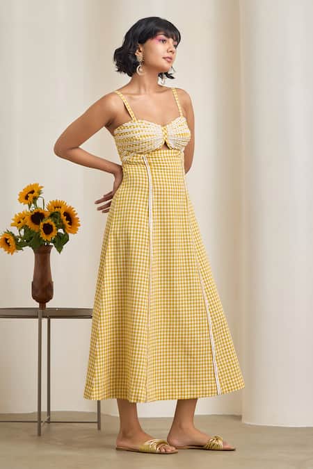 Buy_Maisolos_Yellow Cotton Embroidery Sweetheart Neck Gingham Midi Dress _Online_at_Aza_Fashions