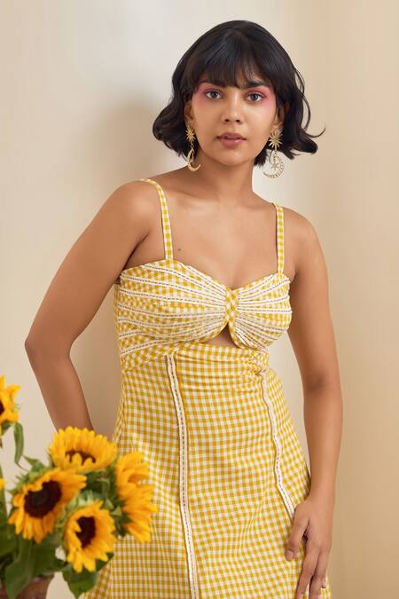 Shop_Maisolos_Yellow Cotton Embroidery Sweetheart Neck Gingham Midi Dress _Online_at_Aza_Fashions