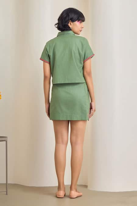 Shop_Maisolos_Green Cotton, Linen Embroidery Collared Sage Shirt And Skirt Set _at_Aza_Fashions