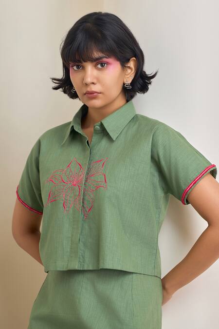 Buy_Maisolos_Green Cotton, Linen Embroidery Collared Sage Shirt And Skirt Set _Online_at_Aza_Fashions
