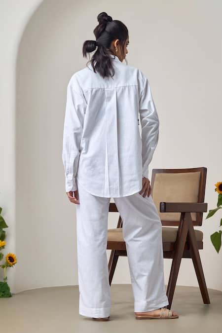 Shop_Maisolos_White Linen Embroidery Collared Designer Pant Set _at_Aza_Fashions