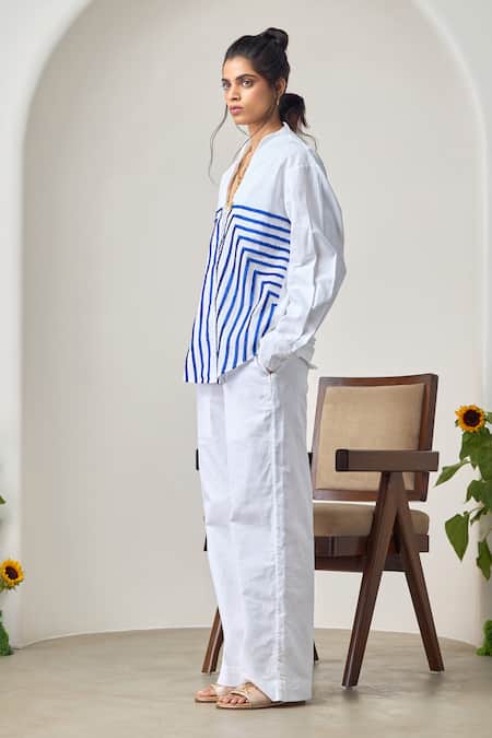 Maisolos_White Linen Embroidery Collared Designer Pant Set _Online_at_Aza_Fashions