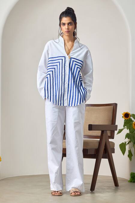 Buy_Maisolos_White Linen Embroidery Collared Designer Pant Set _Online_at_Aza_Fashions