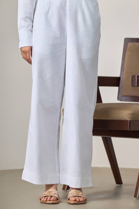 Shop_Maisolos_White Linen Embroidery Collared Designer Pant Set _Online_at_Aza_Fashions