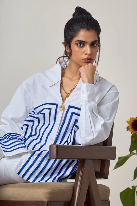 Maisolos_White Linen Embroidery Collared Designer Pant Set _at_Aza_Fashions