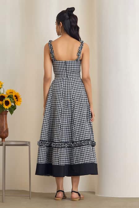 Shop_Maisolos_Black Cotton Ruffles Square Neck And White Gingham Midi Dress _at_Aza_Fashions
