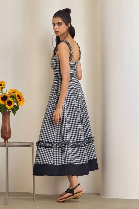 Maisolos_Black Cotton Ruffles Square Neck And White Gingham Midi Dress _Online_at_Aza_Fashions
