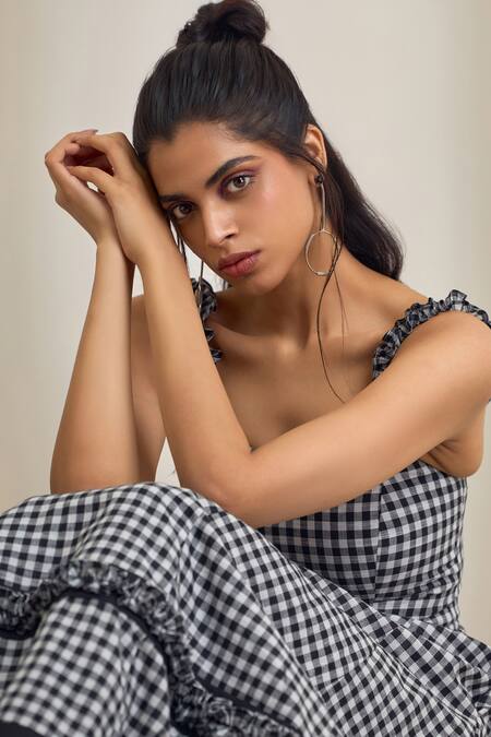 Buy_Maisolos_Black Cotton Ruffles Square Neck And White Gingham Midi Dress _Online_at_Aza_Fashions