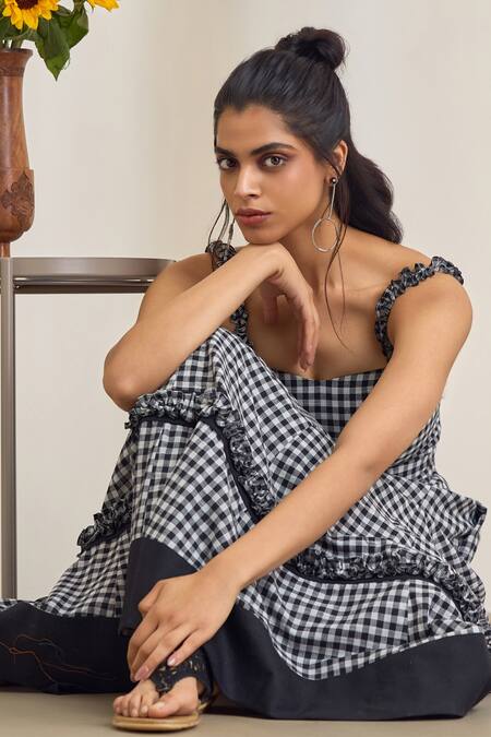Shop_Maisolos_Black Cotton Ruffles Square Neck And White Gingham Midi Dress _Online_at_Aza_Fashions