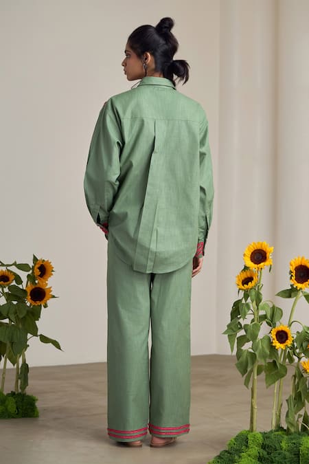 Shop_Maisolos_Green Cotton, Linen Embroidery Collared Sage Designer Shirt And Pant Set _at_Aza_Fashions