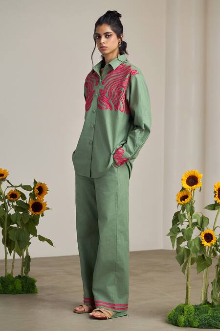 Maisolos_Green Cotton, Linen Embroidery Collared Sage Designer Shirt And Pant Set _Online_at_Aza_Fashions