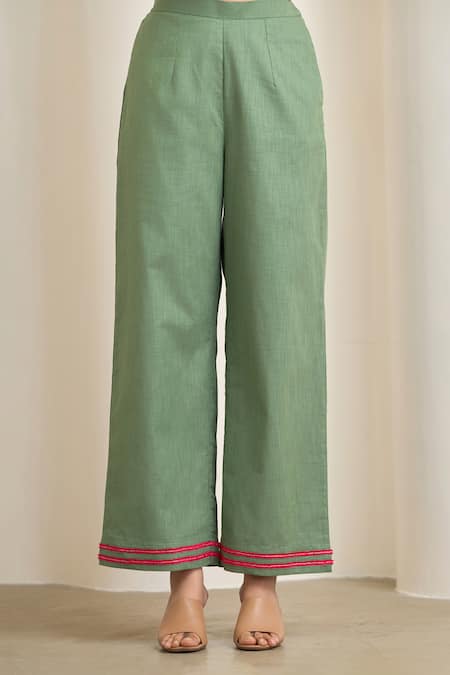 Buy_Maisolos_Green Cotton, Linen Embroidery Collared Sage Designer Shirt And Pant Set _Online_at_Aza_Fashions