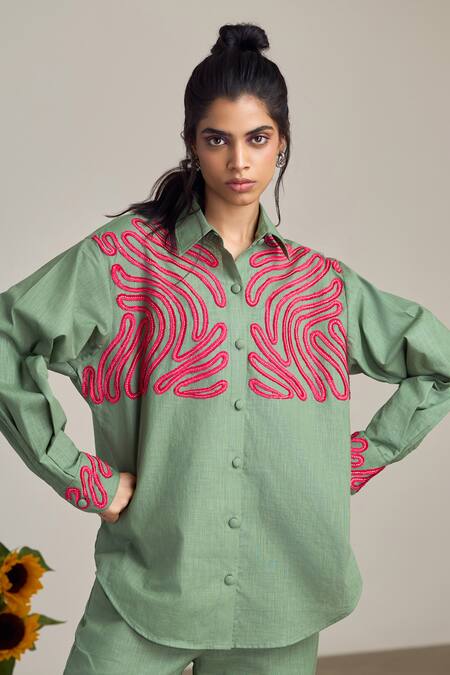 Shop_Maisolos_Green Cotton, Linen Embroidery Collared Sage Designer Shirt And Pant Set _Online_at_Aza_Fashions