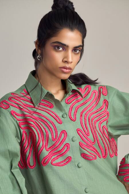 Maisolos_Green Cotton, Linen Embroidery Collared Sage Designer Shirt And Pant Set _at_Aza_Fashions