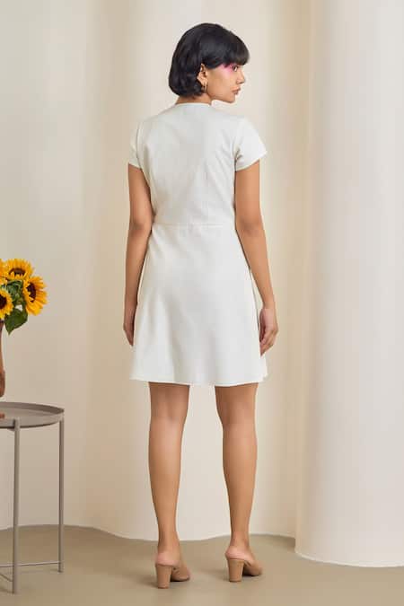 Shop_Maisolos_Ivory Poplin Embroidery V-neck Dress _at_Aza_Fashions
