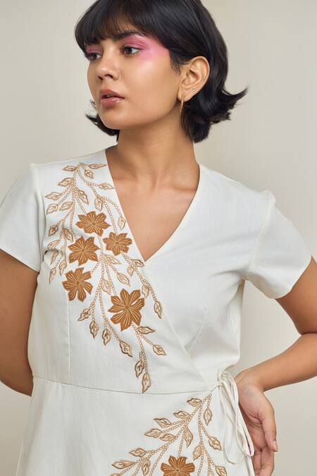 Maisolos_Ivory Poplin Embroidery V-neck Dress _Online_at_Aza_Fashions