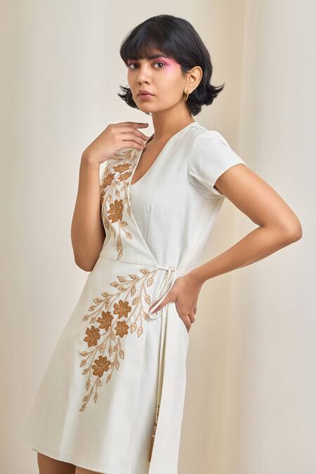 Buy_Maisolos_Ivory Poplin Embroidery V-neck Dress _Online_at_Aza_Fashions