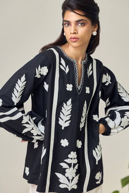 Maisolos_Black Poplin Embroidery Round Neck Floral Blouse _Online_at_Aza_Fashions