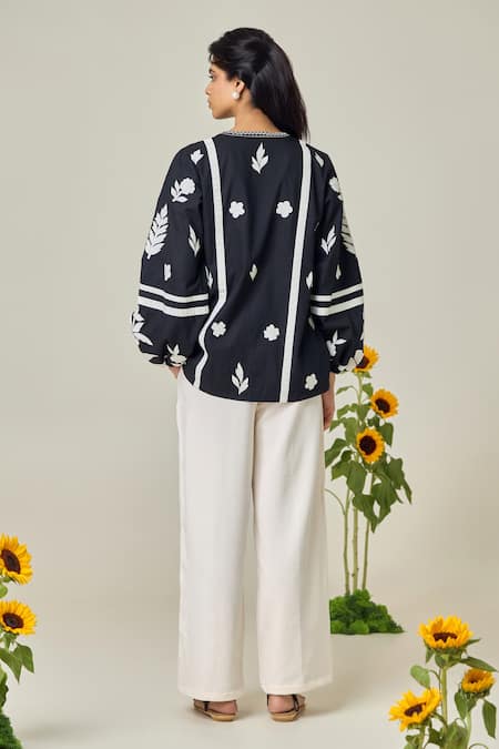 Shop_Maisolos_Black Poplin Embroidery Round Neck Floral Blouse _at_Aza_Fashions