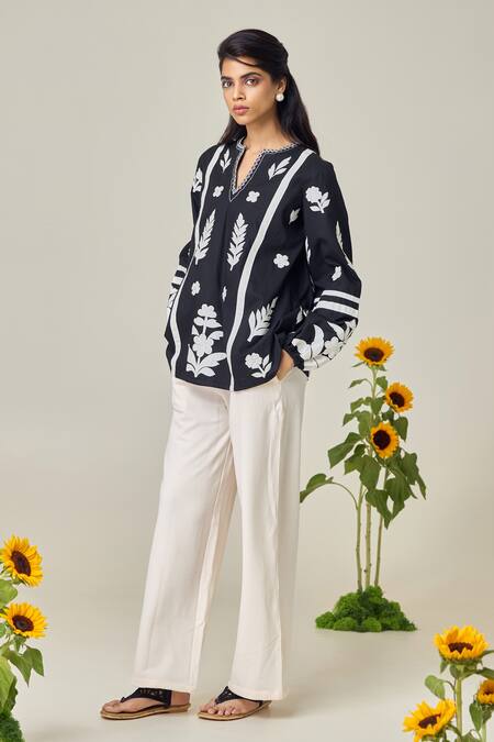 Shop_Maisolos_Black Poplin Embroidery Round Neck Floral Blouse _Online_at_Aza_Fashions