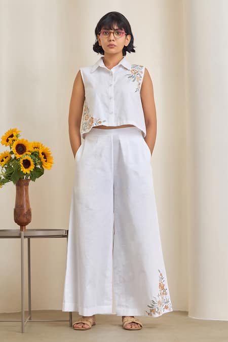MAISOLOS White Linen Embroidery Collared Pant Set 