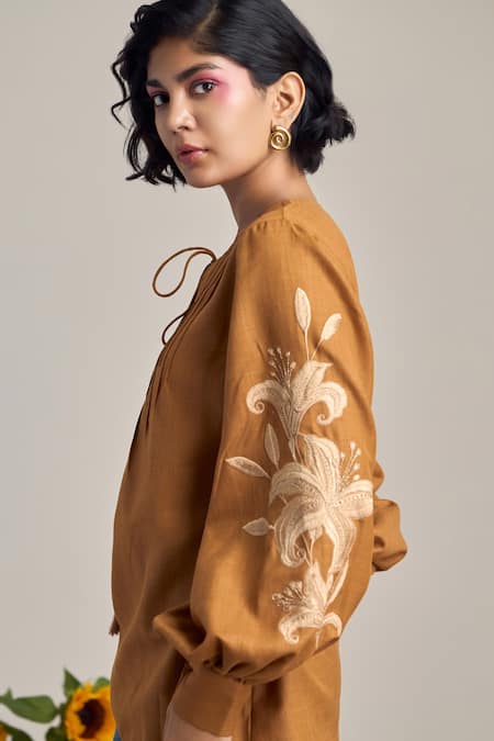Maisolos_Brown Cotton, Linen Embroidery Round Neck Designer Blouse _Online_at_Aza_Fashions