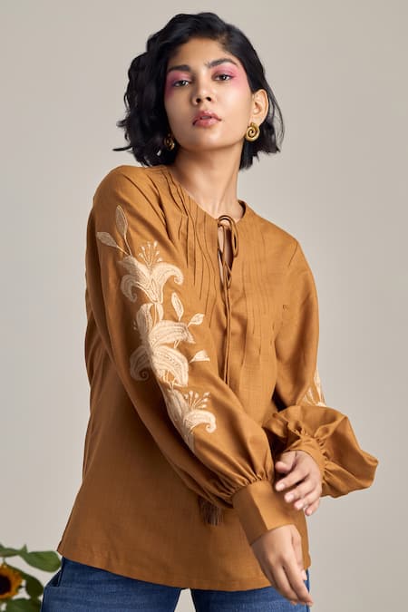 MAISOLOS Brown Cotton, Linen Embroidery Round Neck Designer Blouse 