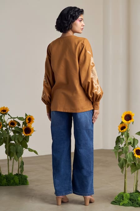 Shop_Maisolos_Brown Cotton, Linen Embroidery Round Neck Designer Blouse _at_Aza_Fashions