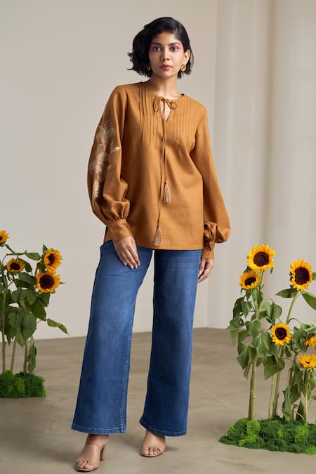 Buy_Maisolos_Brown Cotton, Linen Embroidery Round Neck Designer Blouse _Online_at_Aza_Fashions