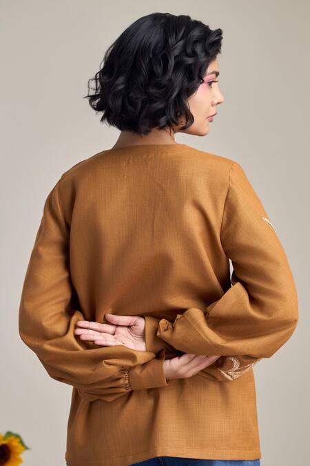 Shop_Maisolos_Brown Cotton, Linen Embroidery Round Neck Designer Blouse _Online_at_Aza_Fashions