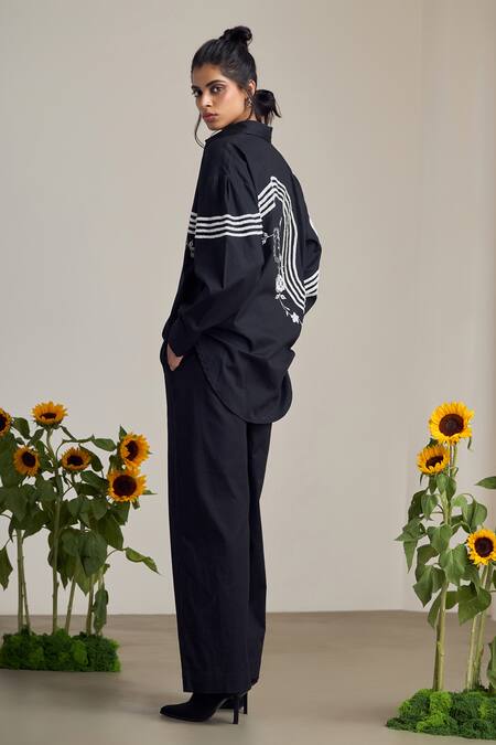 Maisolos_Black Poplin Embroidery Collared Shirt _Online_at_Aza_Fashions