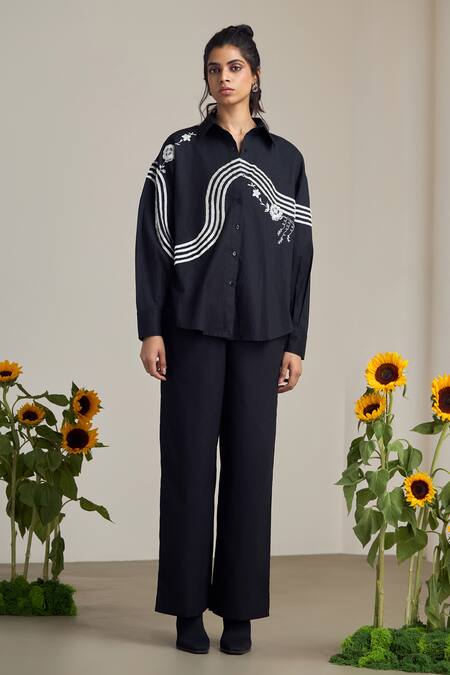 Buy_Maisolos_Black Poplin Embroidery Collared Shirt _Online_at_Aza_Fashions