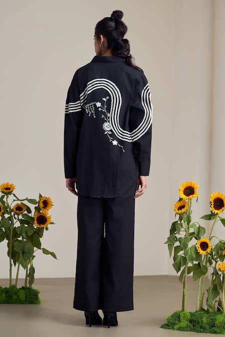 Shop_Maisolos_Black Poplin Embroidery Collared Shirt _at_Aza_Fashions