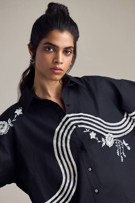Shop_Maisolos_Black Poplin Embroidery Collared Shirt _Online_at_Aza_Fashions