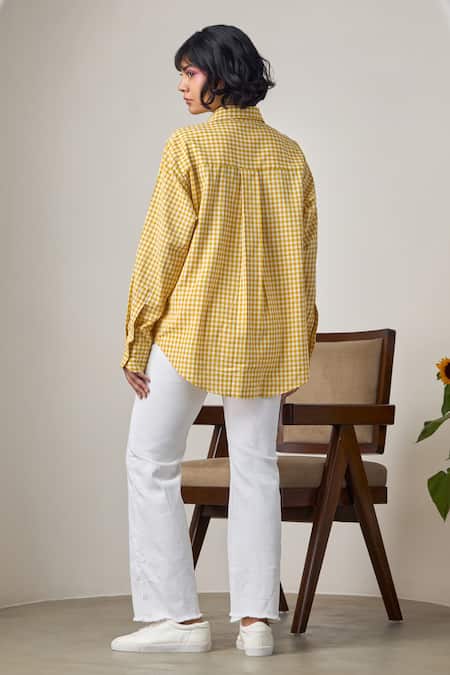 Shop_Maisolos_Yellow Cotton Embroidery Collared Gingham Shirt _at_Aza_Fashions