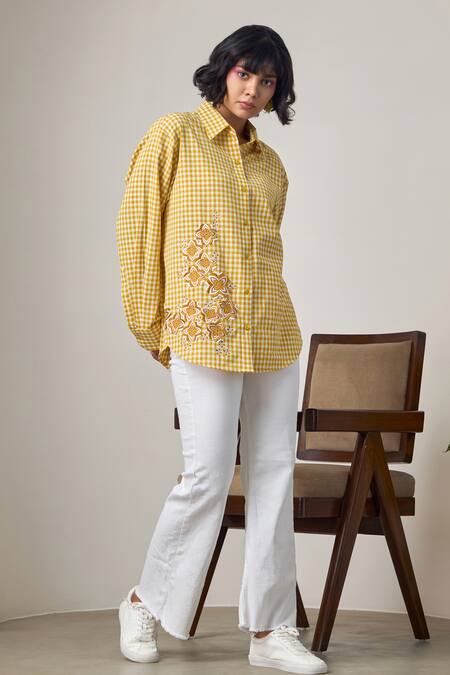 Maisolos_Yellow Cotton Embroidery Collared Gingham Shirt _Online_at_Aza_Fashions