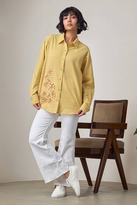 Buy_Maisolos_Yellow Cotton Embroidery Collared Gingham Shirt _Online_at_Aza_Fashions