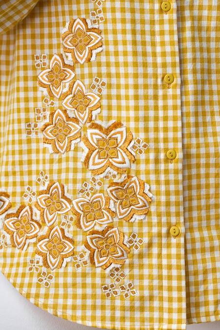 Shop_Maisolos_Yellow Cotton Embroidery Collared Gingham Shirt _Online_at_Aza_Fashions
