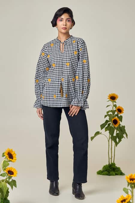 MAISOLOS Multi Color Cotton Embroidery Keyhole Neck Black And White Checks Top 