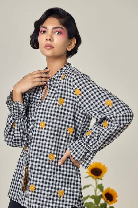 Maisolos Multi Color Cotton Embroidery Keyhole Neck Black And White Checks Top Online at Aza Fashions Maisolos_Multi Color Cotton Embroidery Keyhole Neck Black And White Checks Top _Online_at_Aza_Fashions