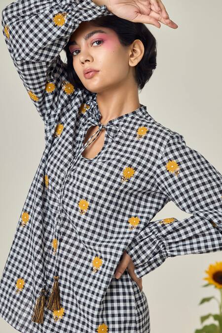 Shop Maisolos Multi Color Cotton Embroidery Keyhole Neck Black And White Checks Top Online at Aza Fashions Shop_Maisolos_Multi Color Cotton Embroidery Keyhole Neck Black And White Checks Top _Online_at_Aza_Fashions
