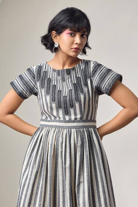 Maisolos_Ivory Cotton Embroidery Round Neck And Black Striped Midi Dress _Online_at_Aza_Fashions