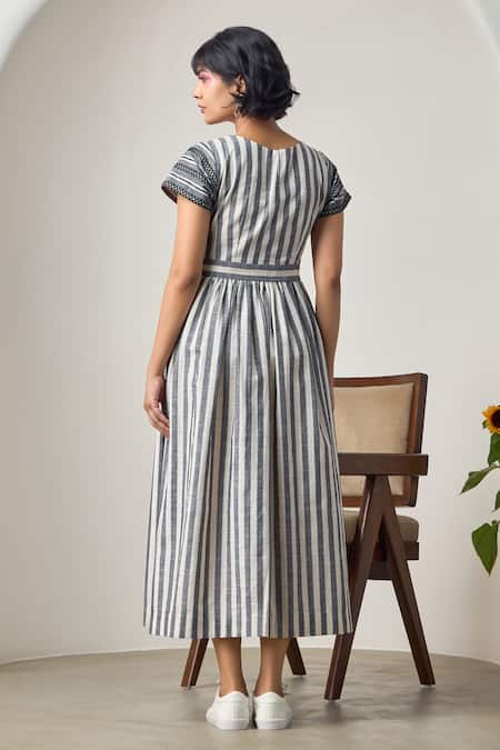 Shop_Maisolos_Ivory Cotton Embroidery Round Neck And Black Striped Midi Dress _at_Aza_Fashions
