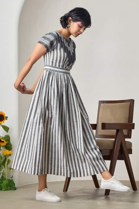 Buy_Maisolos_Ivory Cotton Embroidery Round Neck And Black Striped Midi Dress _Online_at_Aza_Fashions