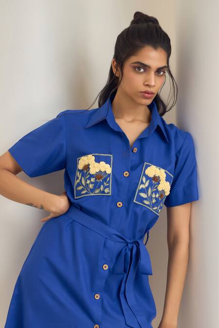 Buy_Maisolos_Blue Cotton, Linen Embroidery Collared Designer Short Dress _Online_at_Aza_Fashions