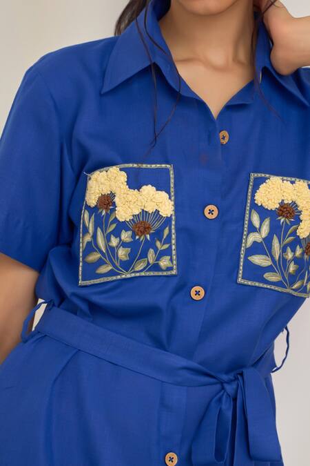 Shop_Maisolos_Blue Cotton, Linen Embroidery Collared Designer Short Dress _Online_at_Aza_Fashions