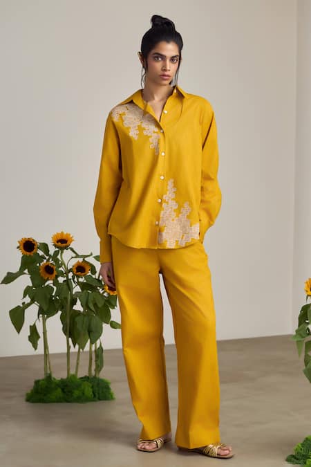 MAISOLOS Mustard Cotton, Linen Embroidery Collared Pant Set 